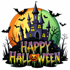 Happy Halloween text with a creepy castle in the background