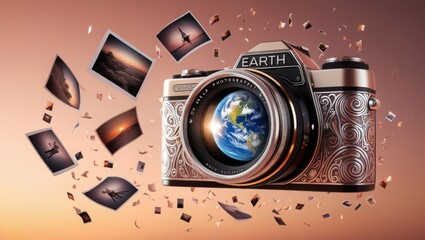 An illustration celebrating World Photography Day, featuring a camera with an Earth globe as its len