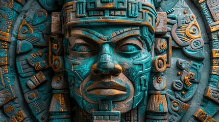 Intricate Aztec mask on detailed blue backdrop