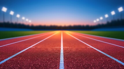 Stadium view with an empty running track under bright lights, detailed textures, sharp focus, expansive perspective, evening sky, highdefinition capture