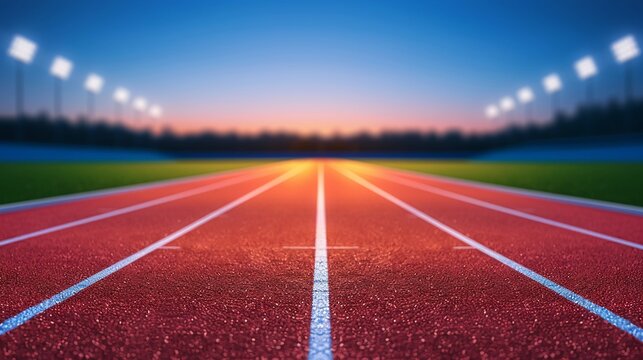 Stadium view with an empty running track under bright lights, detailed textures, sharp focus, expansive perspective, evening sky, highdefinition capture
