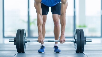 Naklejka premium Weightlifter in blue singlet performing squat with barbell, detailed muscles, sharp focus, studio lighting, white background, realistic expression