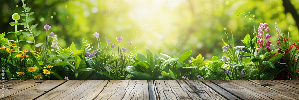 Poster empty wood table top and blurred green tree in the park garden background - can used for display or 