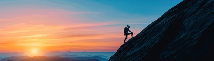Obraz premium Artistic depiction of a male rock climber on a steep cliff, bold lines, vibrant tones, stylized details, dynamic outdoor adventure, clear sky