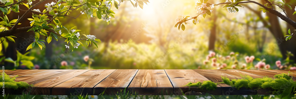 Poster empty wood table top and blurred green tree in the park garden background - can used for display or 