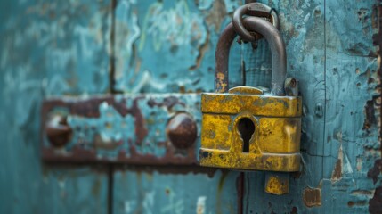 Old padlock on weathered blue wooden door