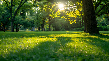 The sun shines through the trees in the park, blurred photo public park background, Green tree Warm sunshine,Green lawn, Summer Sunny Forest Trees And Green Grass
