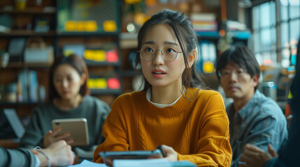 person using digital tablet in library