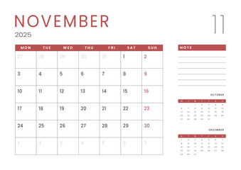 Monthly page Calendar Planner Templates of November 2025. Vector layout of simple calendar with week start Monday for print. Page for size A4 or 21x29.7 cm