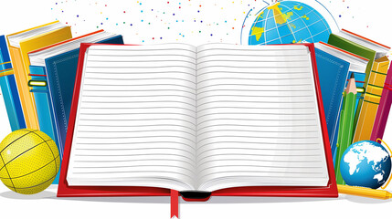 notebook with copyspace on the white background with books and map