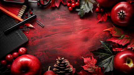 autumn red wood board background with red apples, pens, pomegranate christmas decorations