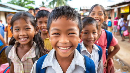 Group of smiling children go to school with schlool bags
