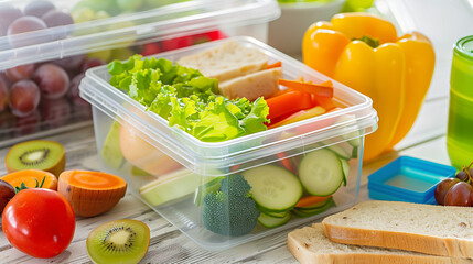 School lunchbox with fresh vegetables, bread, fruits, berries