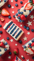 Vertical Fourth of July Cake Slice Display with Red, White, and Blue Icing, Fresh Strawberries, Blueberries, and Patriotic Decorations - Ideal for Celebrating Independence Day