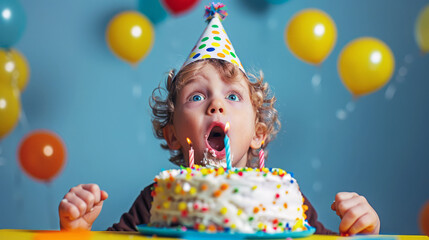 A young boy is blowing out candles on a birthday cake