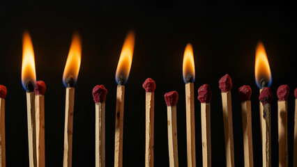 Burning matches against a black background, their flames casting a vivid, flickering glow.