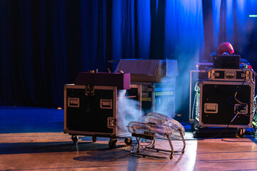 Crates with the equipment on the backstage of the concert stage 