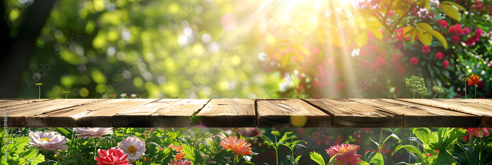 Poster empty wood table top and blurred green tree in the park garden background - can used for display or 