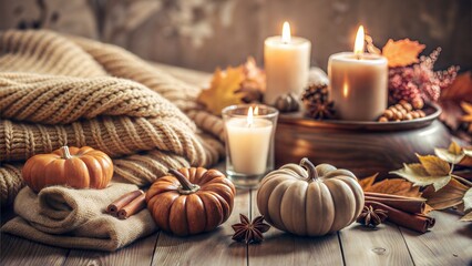 Cozy Autumn Still Life with Pumpkins, Candles, and Knitted Blankets. Fall cozy background for Thanksgiving, Halloween, Fall Holidays
