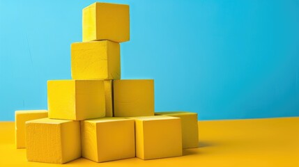 Yellow building blocks on yellow and blue backdrop