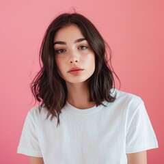 Fototapeta premium Young Woman With Brunette Hair and White T-Shirt Posing Against Pink Background