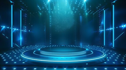 Fototapeta premium Vector illustrations of Futuristic digital technology stage with glowing blue pedestal podium stage layout for hi tech showcase.Digital tech concept.