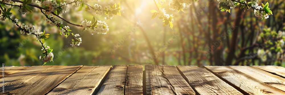 Poster empty wood table top and blurred green tree in the park garden background - can used for display or 