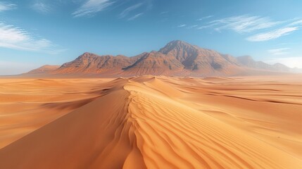 Fototapeta premium Golden desert sand dunes stretch out under a bright blue sky to meet distant rugged mountains, portraying the serene beauty and vastness of the desert landscape.