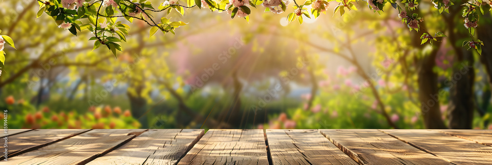 Poster empty wood table top and blurred green tree in the park garden background - can used for display or 