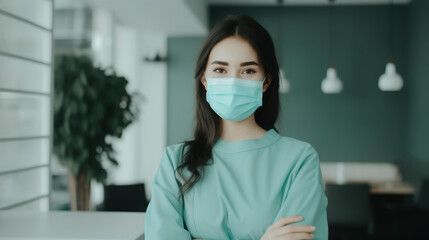 Stunning girl rocks a medical mask at home.
