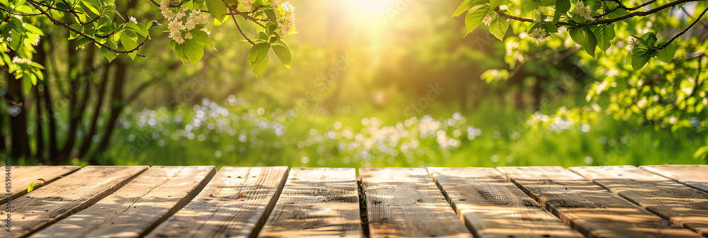 Poster empty wood table top and blurred green tree in the park garden background - can used for display or 