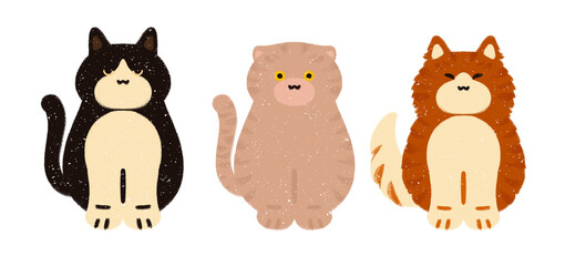 trendy simple cartoonish fluffy cat kitten kitty characters cute animal set hand drawn illustration style picture book children's book isolated background Moggy Scottish Fold American Curl Ginger