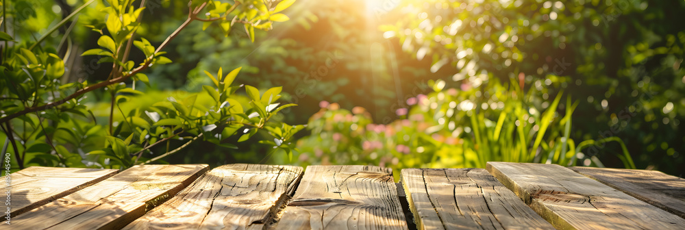 Poster empty wood table top and blurred green tree in the park garden background - can used for display or 