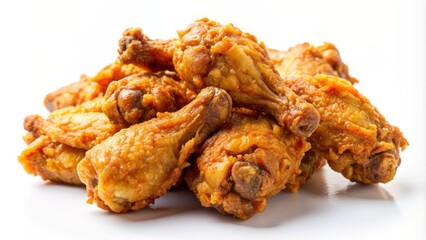 Crispy fried chicken wings isolated on pure white background, beautifully lit with soft studio light, showcasing golden brown deliciousness.