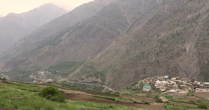 Trilokinath village and temple Garsha Phagpa on left bank of the Chenab River village of Udaipur in the Lahul and Spiti District of Himachal Pradesh, India.