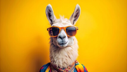Stylish llama in trendy sunglasses and fashionable outfit poses on bright yellow background, perfect for fun and quirky advertising concepts.