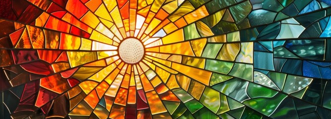 Stained glass mosaic with vibrant sunburst pattern