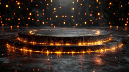 An elevated two-tiered circular platform glowing with orange twinkling lights, set against a dark, sparkling background that evokes a sense of magical wonder.