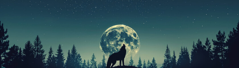 Lone Wolf Howling at the Full Moon in a Forest