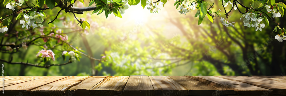 Poster empty wood table top and blurred green tree in the park garden background - can used for display or 