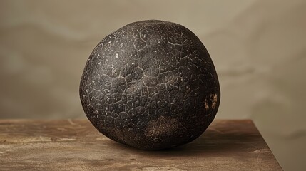 A black truffle with a rugged textured surface is displayed in a close-up shot, highlighting the intricate details and natural design of this esteemed culinary treasure.