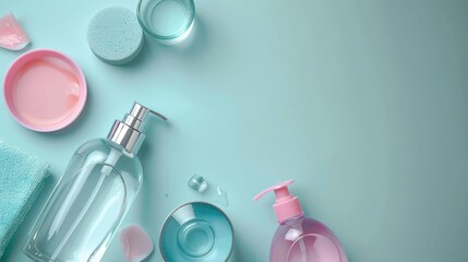 Top view of skincare products and antibacterial liquid soap for hand washing for virus protection and hygiene