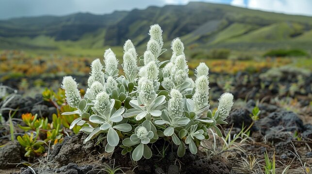 Hawaiian Silversword A rare, silverleaved plant with a tall flowering stalk, thriving in the volcanic soil of Hawaii