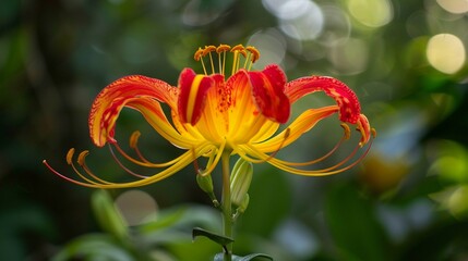 Zimbabwean Flame Lily A vibrant flower with red and yellow petals, climbing and twining in the tropical forests of Zimbabwe