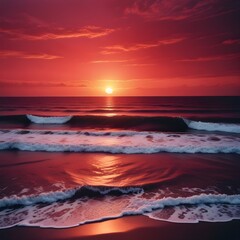 Obraz premium Intense ruby red sunset over a serene ocean landscape