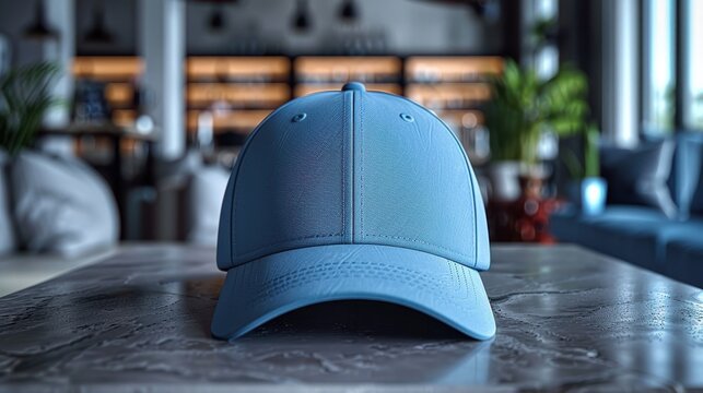 A blue cap rests on a marble table in a chic, modern interior space with soft lighting, emphasizing the harmonious blend of fashion accessories and modern décor.