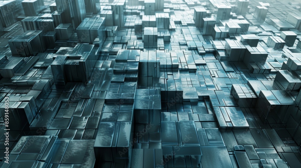 Poster a mosaic resembling a futuristic cityscape made of square and rectangular tiles.