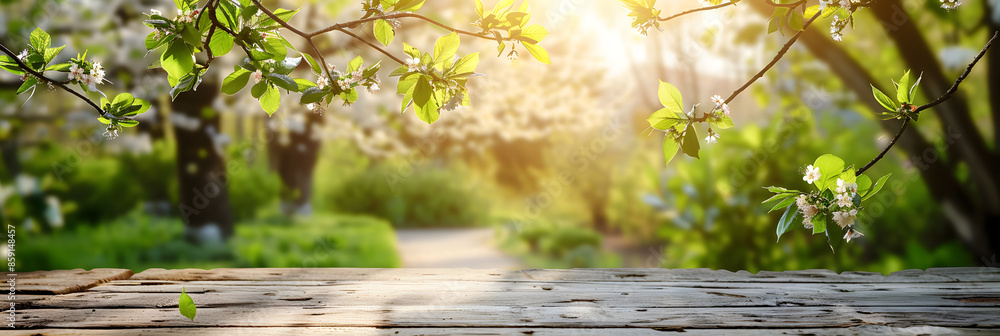 Poster empty wood table top and blurred green tree in the park garden background - can used for display or 