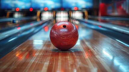 A stunning red marble bowling ball lies centered on a polished bowling lane, capturing the essence of the sport with atmospheric blurred lights in the background.