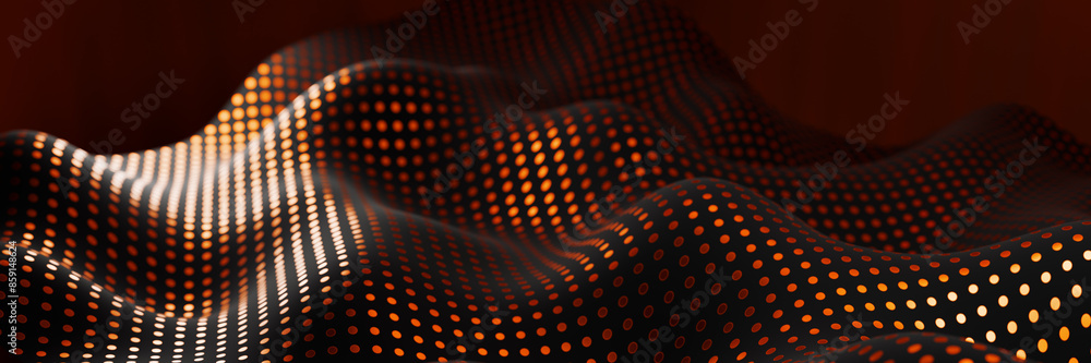 Poster abstract digital art with wavy patterns and glowing dots in warm tones. 3d rendering